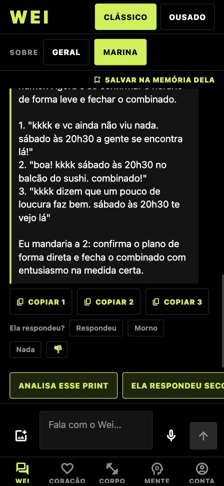 Tela do Wei: três respostas prontas numeradas, qual delas o Wei mandaria e os botões Copiar 1, Copiar 2 e Copiar 3