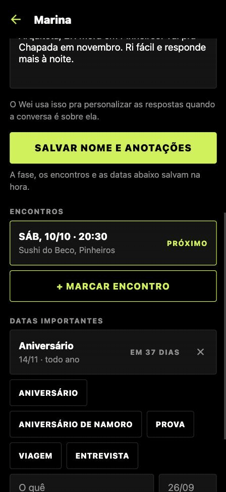 Tela do Wei na ficha de uma mulher fictícia: anotações sobre ela, o próximo encontro marcado e o botão para marcar outro