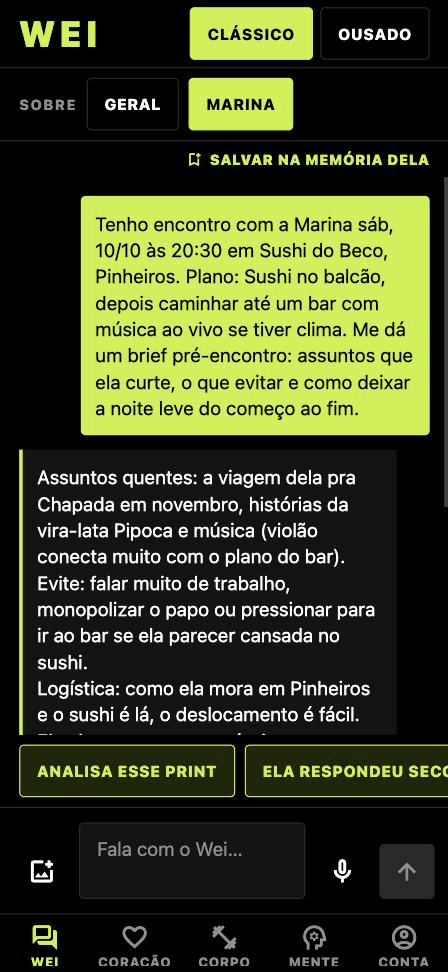 Tela do Wei com o pedido de briefing antes do encontro e o começo da resposta, com os assuntos que ela curte e o que evitar