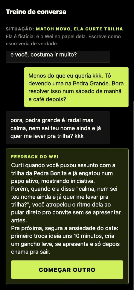Tela do Wei no treino de conversa: o feedback do Wei depois da conversa com uma mulher fictícia